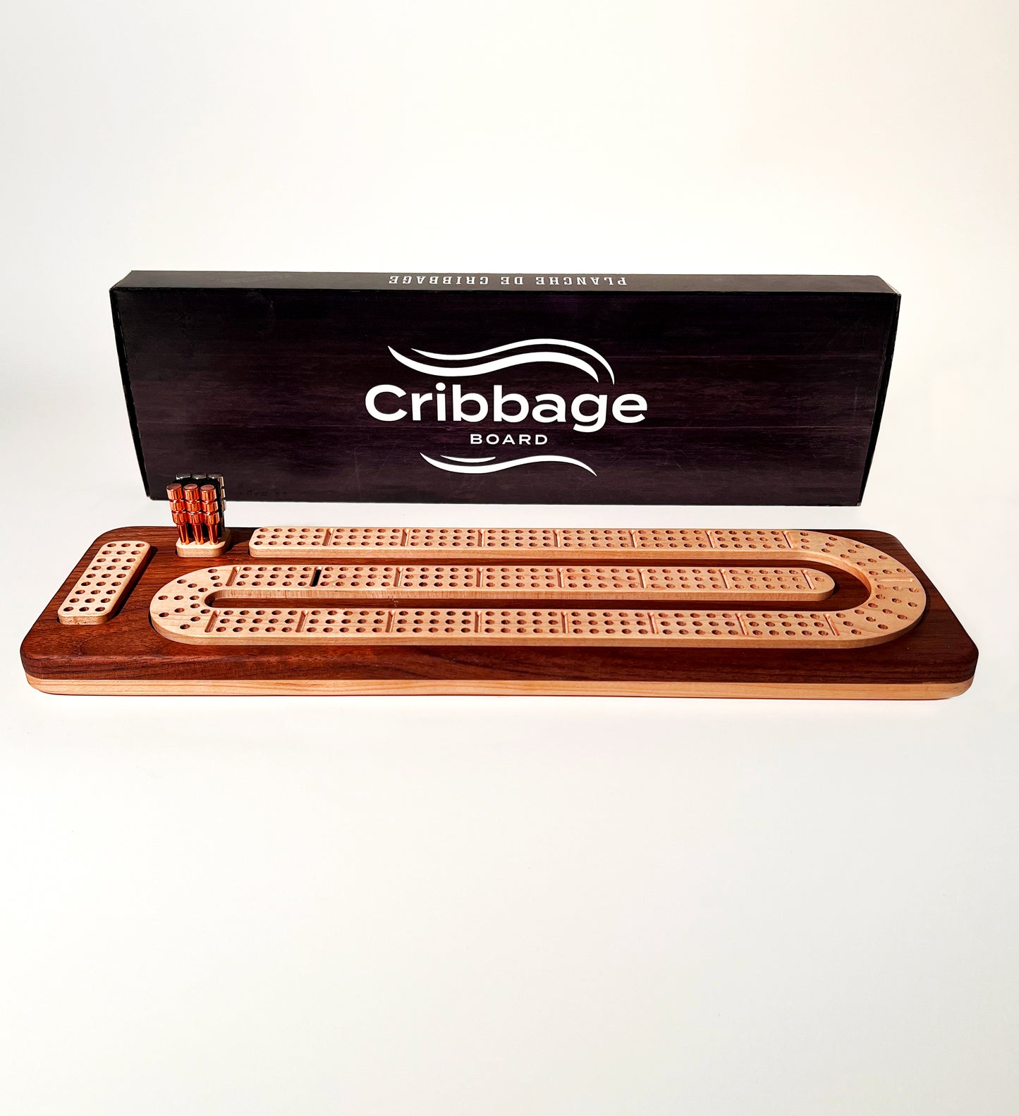 Solid Canadian Maple & Walnut Solid Wood Cribbage Board with Removable Peg Storage and 9 Pegs - High-Quality Craftsmanship
