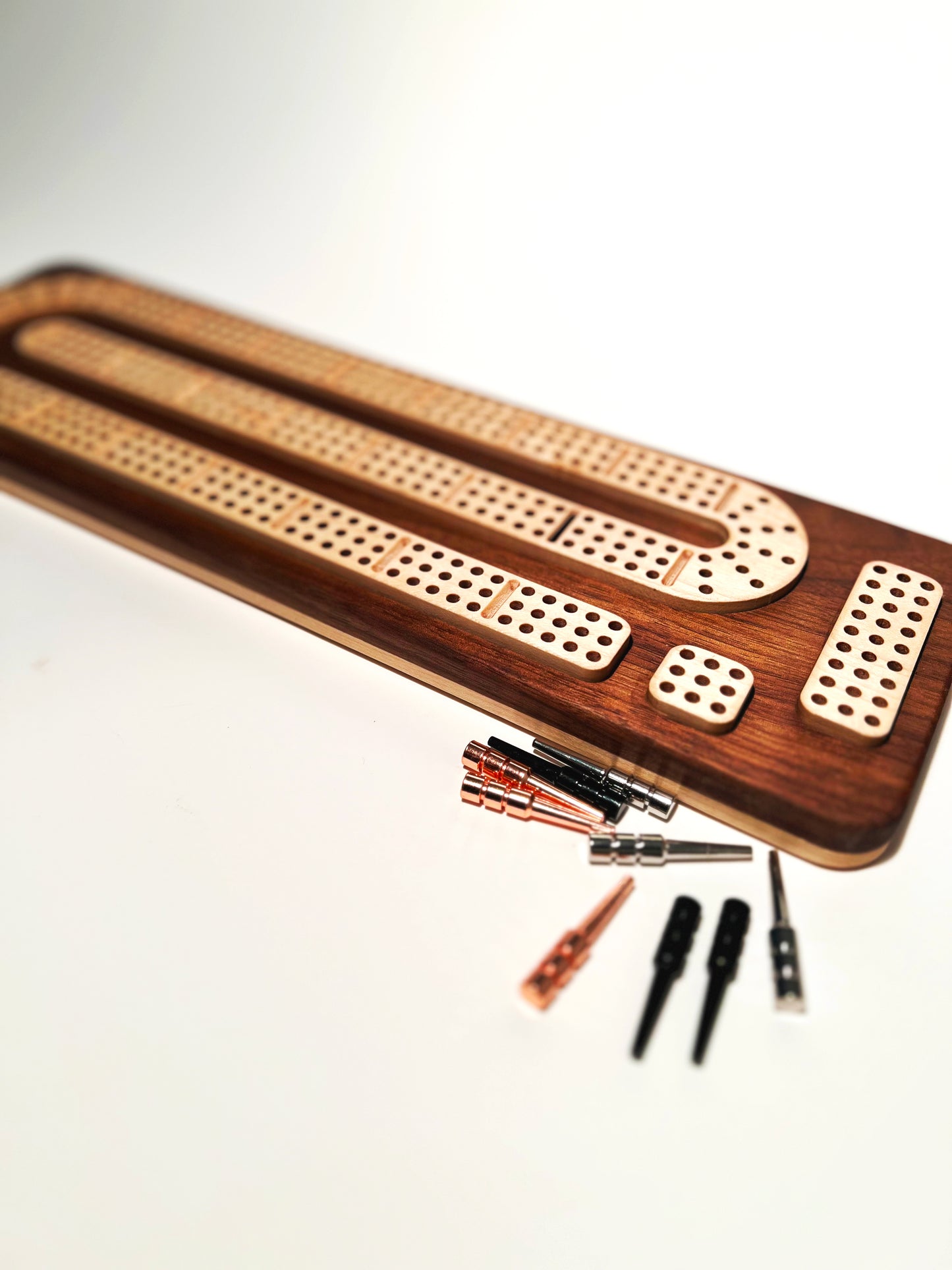 Solid Canadian Maple & Walnut Solid Wood Cribbage Board with Removable Peg Storage and 9 Pegs - High-Quality Craftsmanship